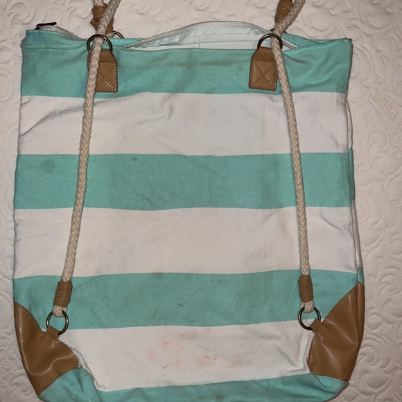 Seafoam Green White Striped Canvas Convertible Beach Bag - Picture 2 of 3
